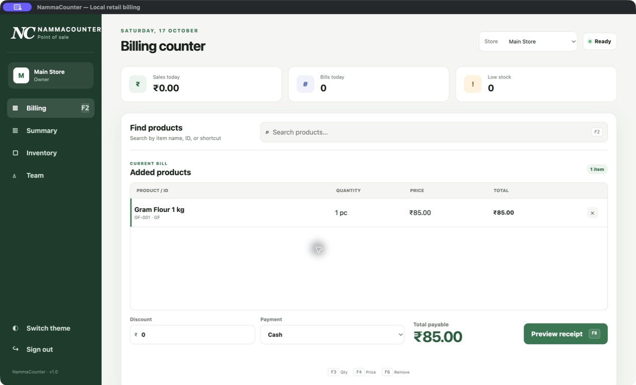 Billing cart with products and payment options